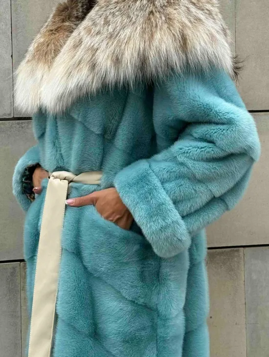Шуба норковая с капюшоном из меха рыси - цвет Тиффани - фото 3