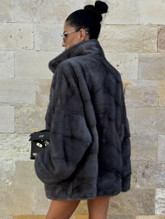 Короткая норковая шуба с английским воротником - цвет графит - фото 4