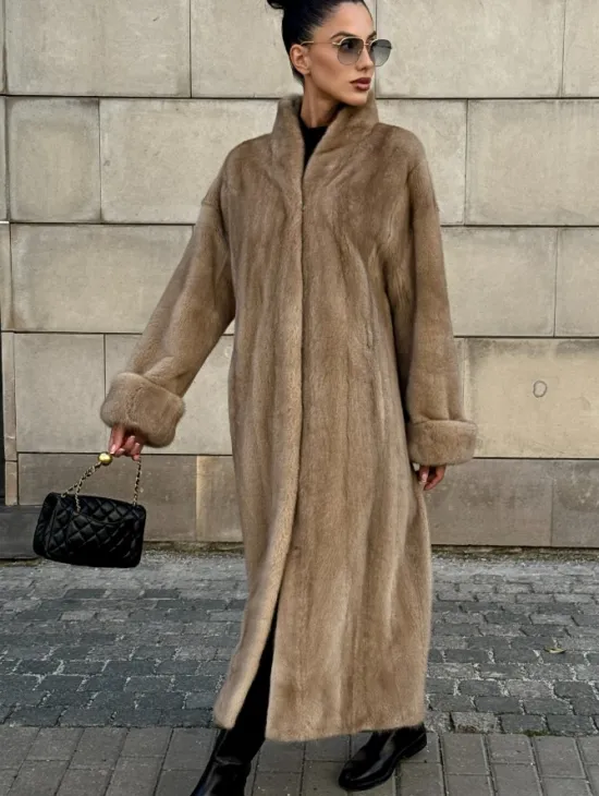 Норковая шуба цельный мех стойка воротник - цвет Caramel - фото 6