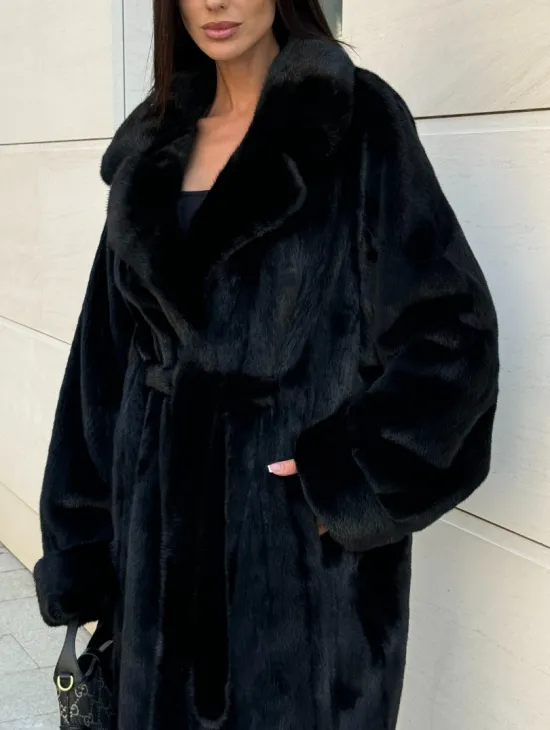 Длинная шуба кимоно Luxury Fashion из меха норки SAGA FURS - английский воротник - фото 1