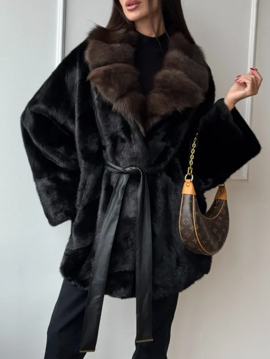 Полушубок из норки Black с воротником из меха темной куницы - фото 5