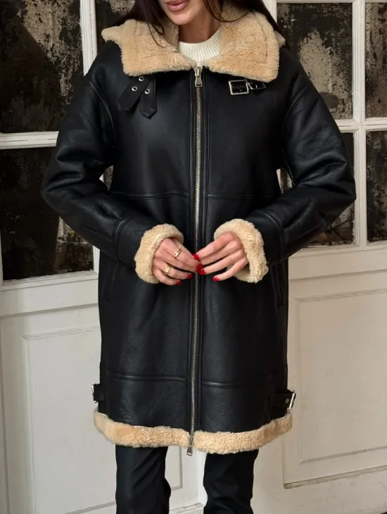 Женская удлиненная дубленка авиатор с отстегивающимся капюшоном - фото 6