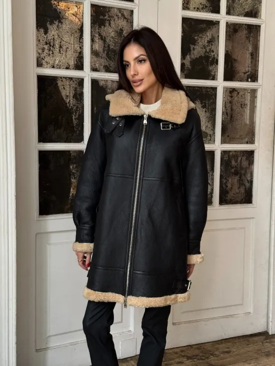 Женская удлиненная дубленка авиатор с отстегивающимся капюшоном - фото 11