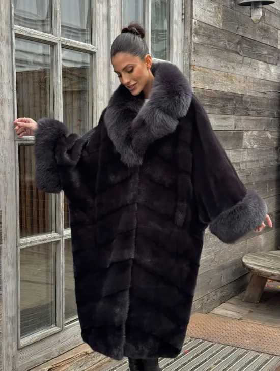 Женская норковая шуба в стиле «Бохо» с отделкой на воротнике и рукавах из меха песца - фото 8