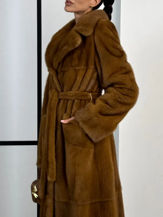 Классическая длинная норковая шуба под пояс - английский воротник - фото 3