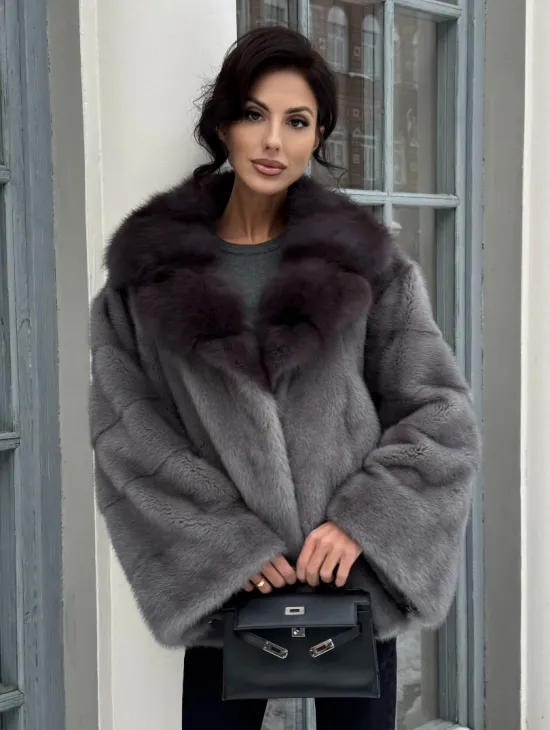 Автоледи шуба норковая с воротником из меха куницы - серый графит - фото 0