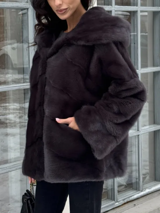 Меховой полушубок автоледи с капюшоном из меха норки графит - фото 1