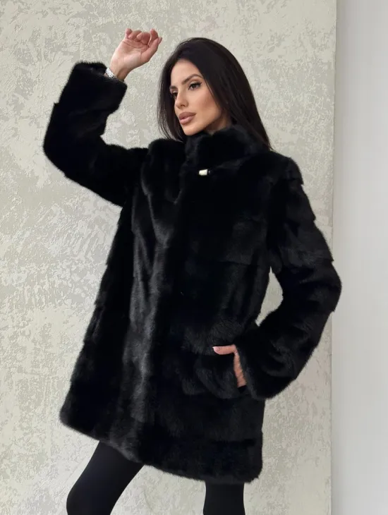 Норковая шуба средней длины стойка воротник - цвет черный - фото 6