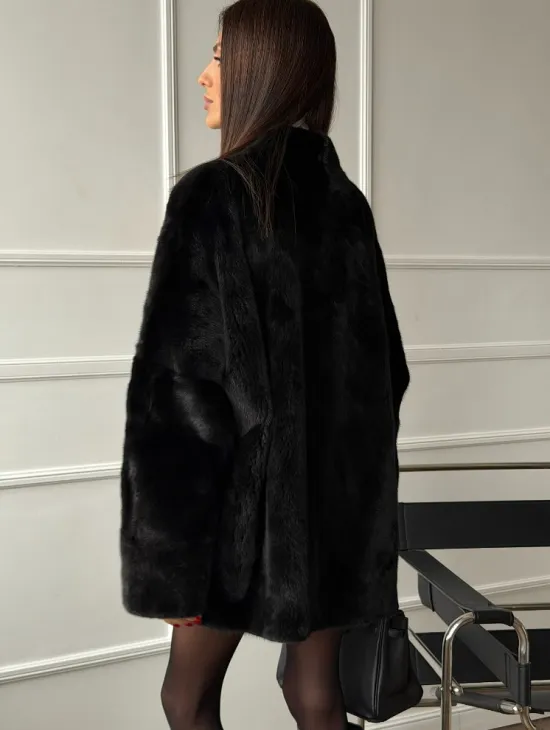 Жакет - шуба из норки BLACK с V-образным воротником, косыми карманами - фото 5