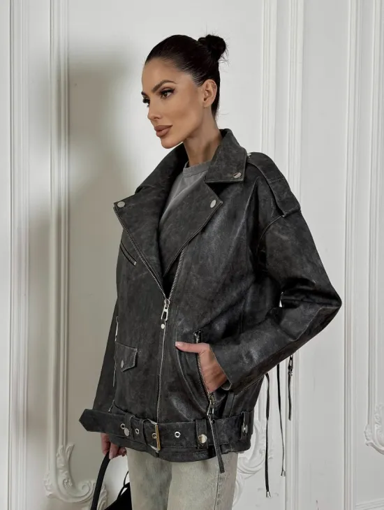 Женская кожаная куртка авиатор со шнуровкой на спине Dark grey - фото 7