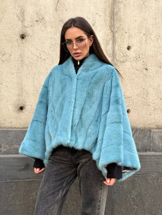 Норковая шуба летучка с V-образным воротником, цвет - тиффани - фото 4