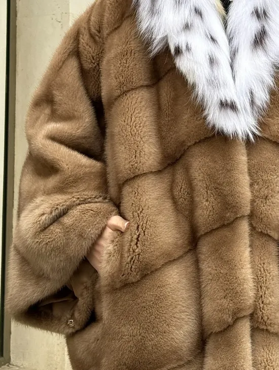 Норковая шуба больших размеров в стиле Бохо с капюшоном под рысь - фото 2