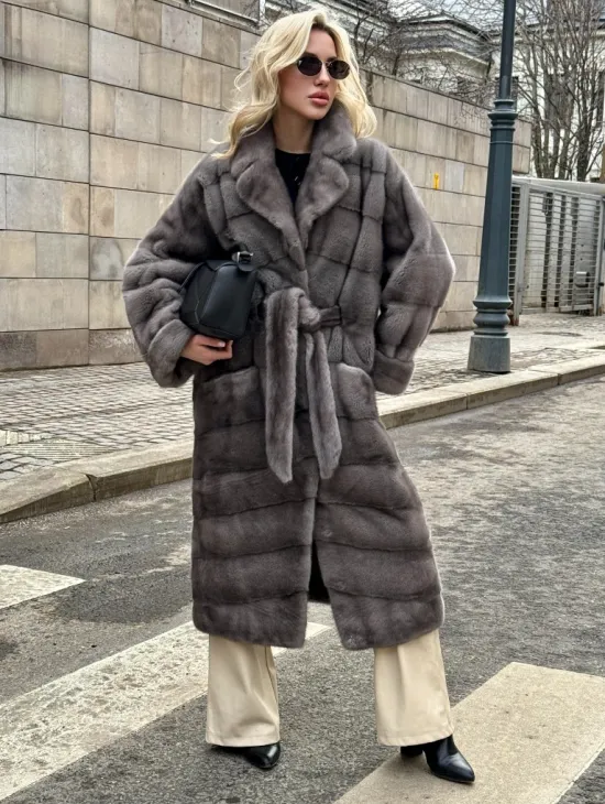 Шуба - кимоно под пояс из меха аукционной норки с английским воротником - фото 2