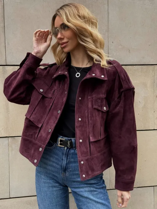 Винтажная женская повседневная куртка из натуральной замши Burgundy - фото 0