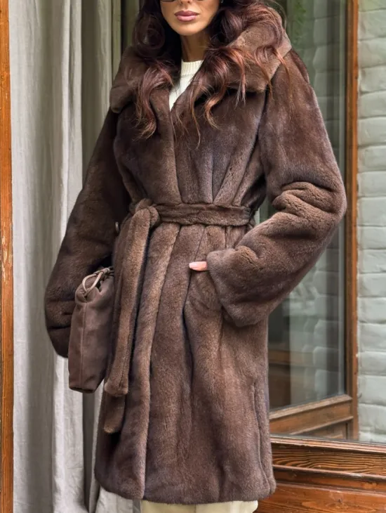 Норковая шуба с капюшоном - цвет орех - фото 1