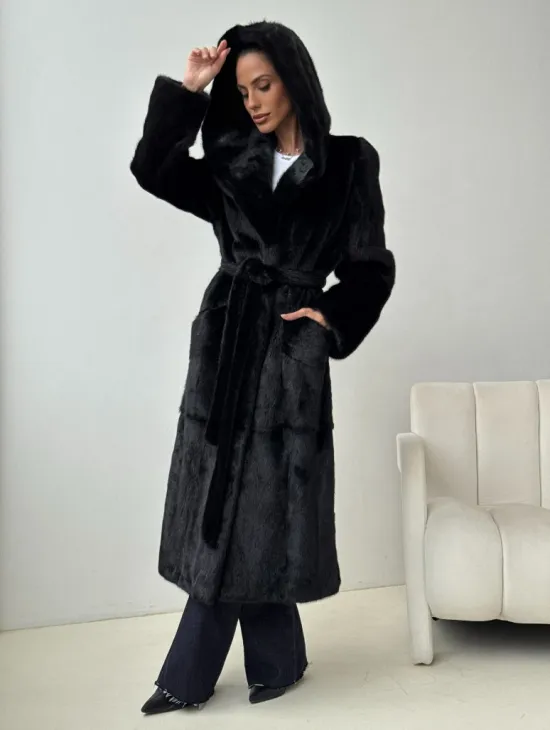 Черная норковая шуба с капюшоном - фото 2
