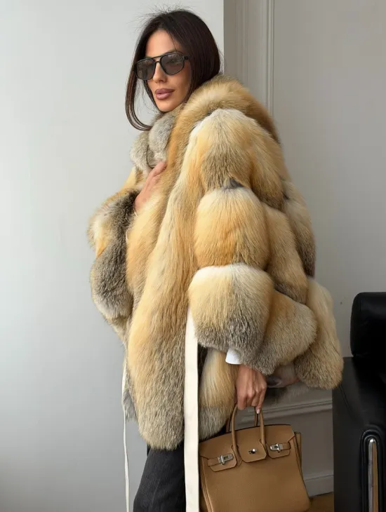 Шуба - пончо из лисы с поясом - фото 10