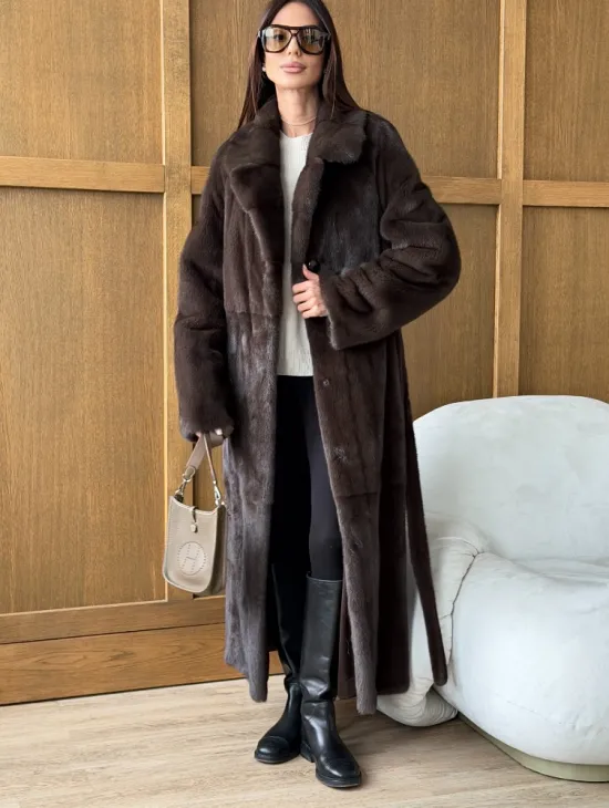 Норковая шуба - прямой крой с меховым поясом - фото 2