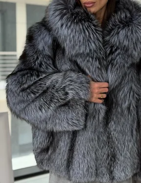 Полушубок из чернобурки с капюшоном - фото 1