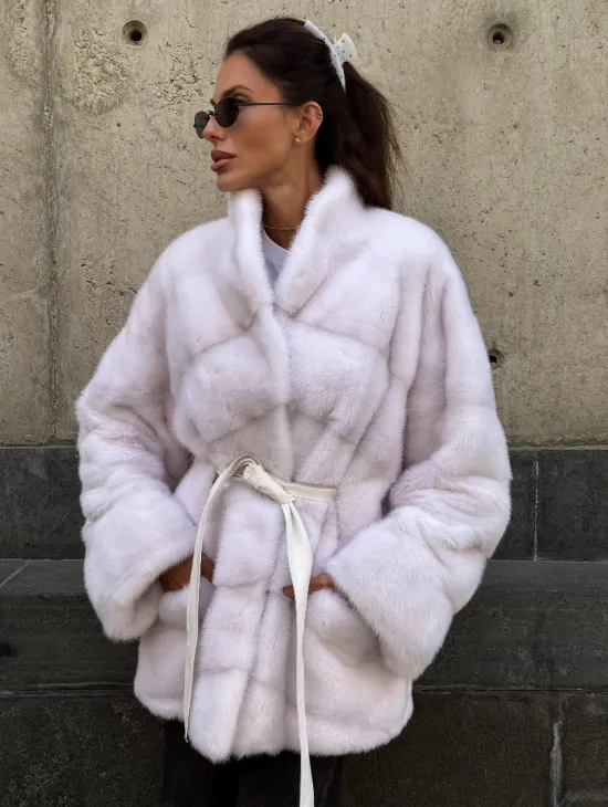 Короткая норковая шуба - цвет жемчуг - фото 0