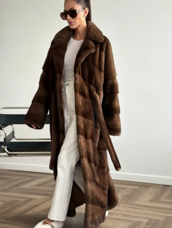 Шуба из плюшевой норки Velvet с английским воротником - цвет соболь - фото 5