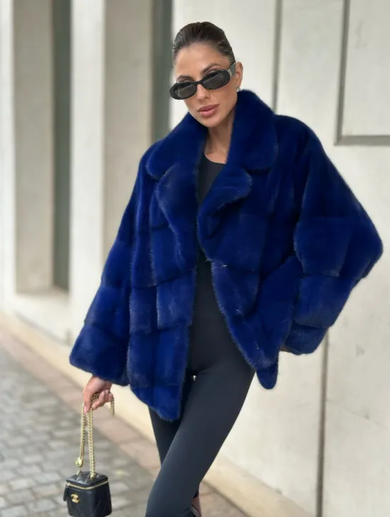 Норковая велюровая шуба  - автоледи в синем цвете - фото 0