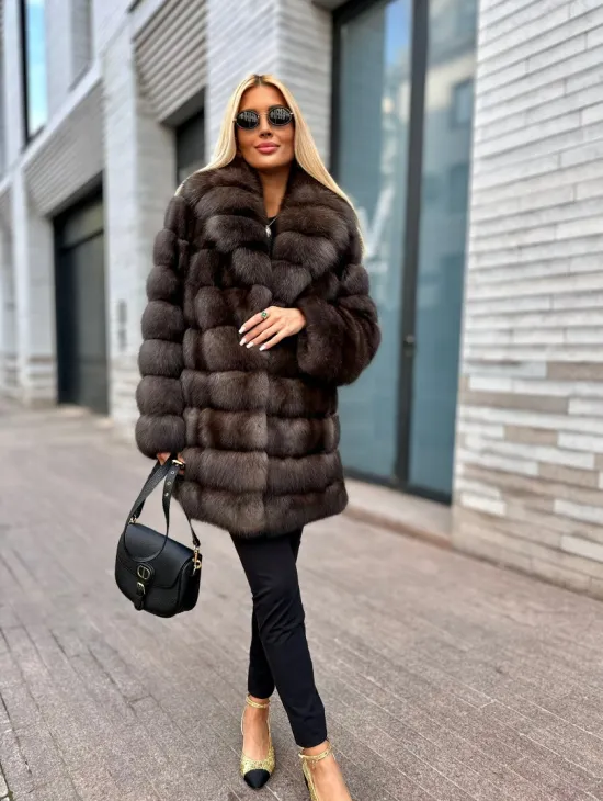 Полушубок-жакет из соболя воротник шаль седина 1/2 - фото 3