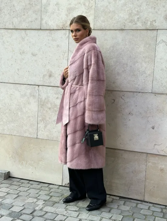 Шуба норковая с поясом - цвет розовый фламинго - фото 4