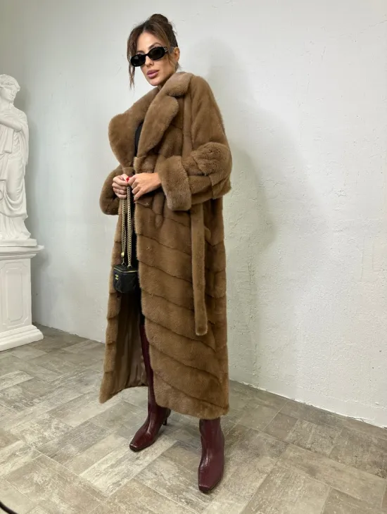 Длинная шуба карамель кимоно мех NAFA - фото 5