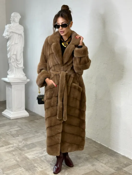 Длинная шуба карамель кимоно мех NAFA - фото 4
