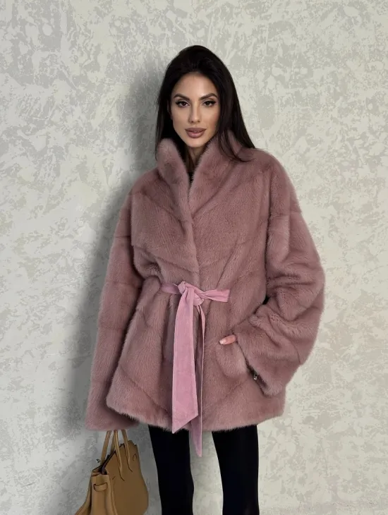 Кимоно норковое воротник отворот - цвет розовый жемчуг - фото 8