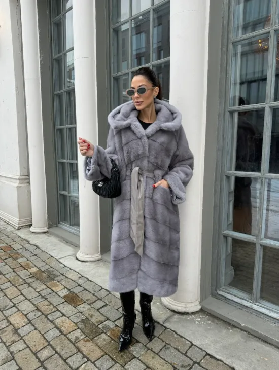 Норка кимоно паркет с капюшоном - цвет серый сапфир - фото 4