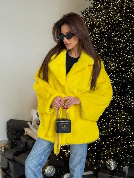 Шуба норковая летучая мышь роспуск - цвет лимонный (желтый) - фото 2