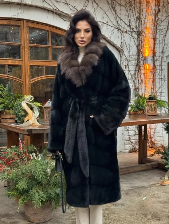 Норковое кимоно с воротником из меха куницы - цвет черный изумруд - фото 6